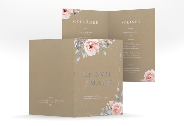 Menükarte Hochzeit Perfection A5 Klappkarte hoch Kraftpapier silber mit rosa Rosen