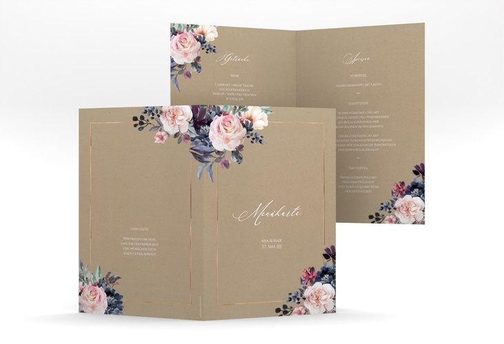 Menükarte Hochzeit Abendlicht A5 Klappkarte hoch Kraftpapier rosegold