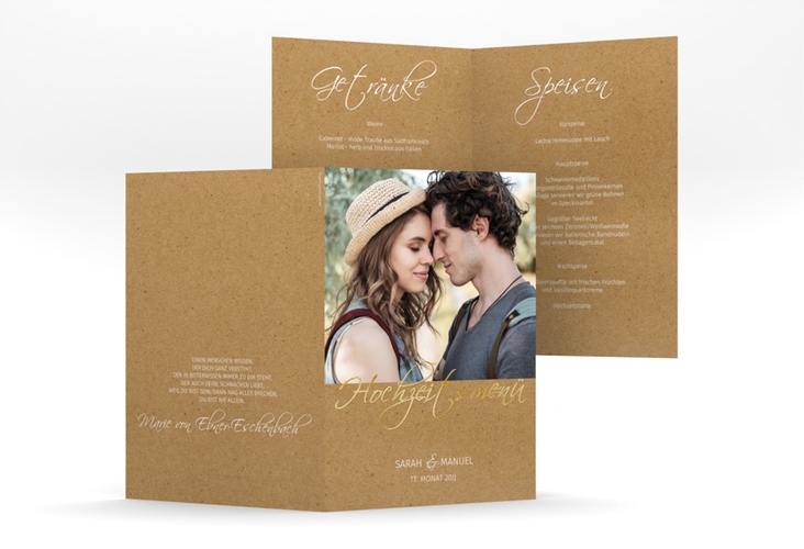 Menükarte Hochzeit Big Picture A5 Klappkarte hoch Kraftpapier gold mit Foto des Brautpaars