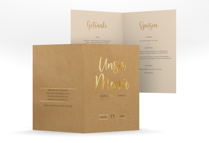 Menükarte Hochzeit Noble A5 Klappkarte hoch Kraftpapier gold mit elegantem Schriftzug