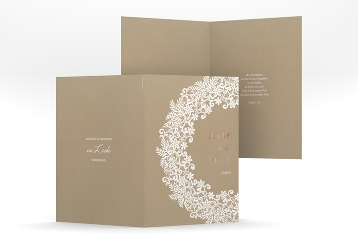 Kirchenheft Hochzeit Mariage A5 Klappkarte hoch Kraftpapier rosegold mit Bogen aus weißer Spitze