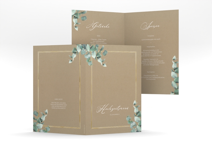 Menükarte Hochzeit Eucalypt A5 Klappkarte hoch Kraftpapier gold mit Eukalyptus und edlem Rahmen