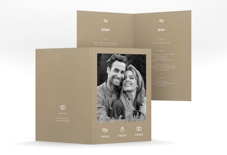 Menükarte Hochzeit Icons A5 Klappkarte hoch Kraftpapier silber