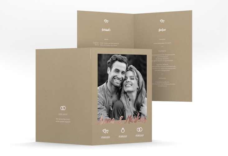 Menükarte Hochzeit Icons A5 Klappkarte hoch Kraftpapier rosegold