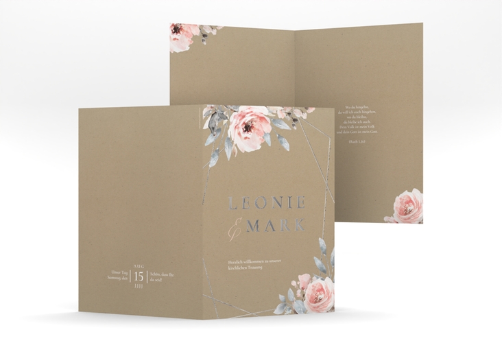 Kirchenheft Hochzeit Perfection A5 Klappkarte hoch Kraftpapier silber mit rosa Rosen