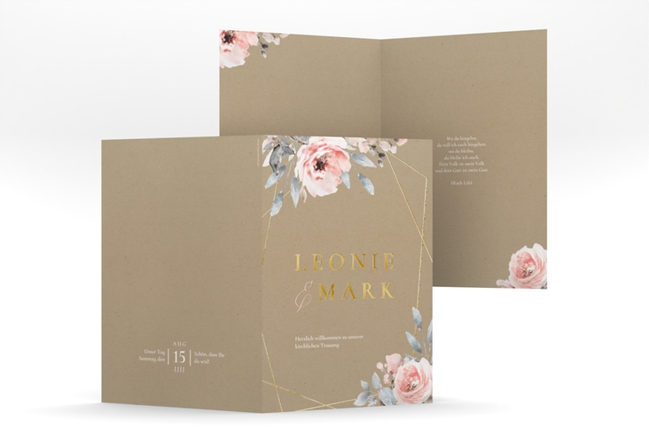 Kirchenheft Hochzeit Perfection A5 Klappkarte hoch Kraftpapier gold mit rosa Rosen