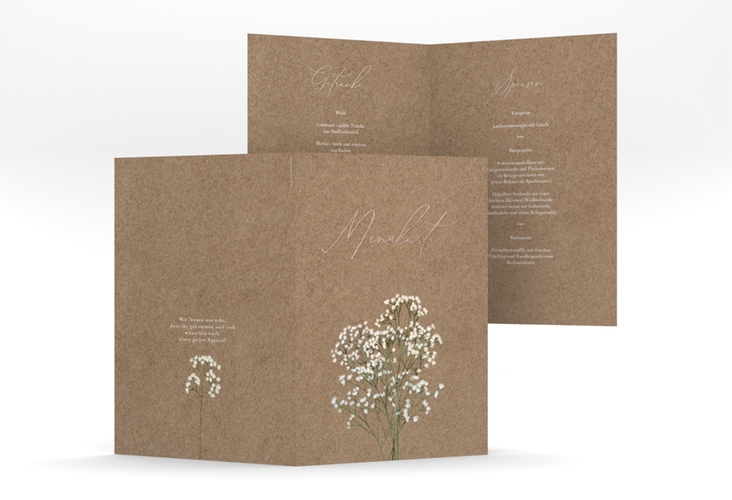 Menükarte Hochzeit Schleierkraut A5 Klappkarte hoch Kraftpapier rosegold