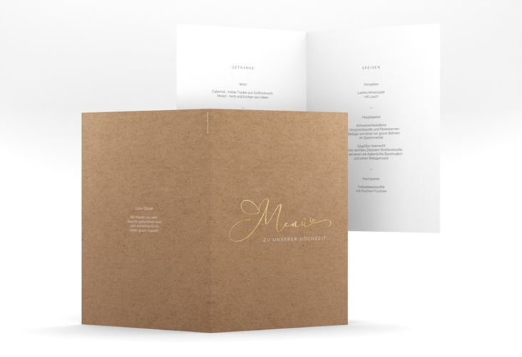 Menükarte Hochzeit Jawort A5 Klappkarte hoch Kraftpapier gold modern minimalistisch mit veredelter Aufschrift