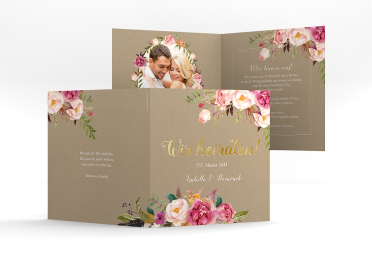 Hochzeitseinladung Flowers quadr. Klappkarte Kraftpapier gold mit bunten Aquarell-Blumen