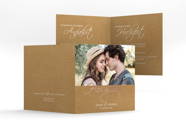 Hochzeitseinladung Big Picture quadr. Klappkarte Kraftpapier rosegold mit Foto des Brautpaars