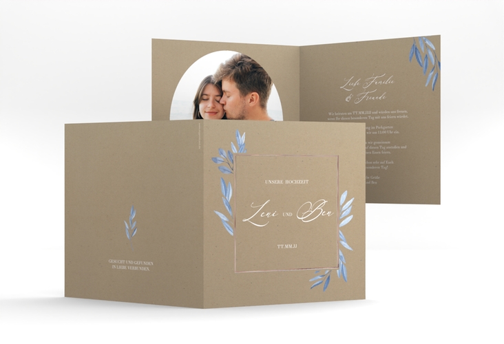 Hochzeitseinladung Classicblue quadr. Klappkarte Kraftpapier rosegold