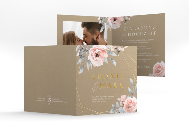 Hochzeitseinladung Perfection quadr. Klappkarte Kraftpapier gold mit rosa Rosen