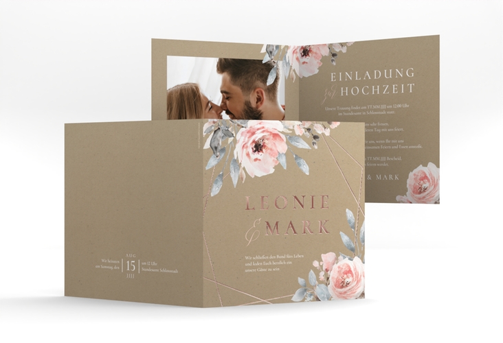 Hochzeitseinladung Perfection quadr. Klappkarte Kraftpapier rosegold mit rosa Rosen