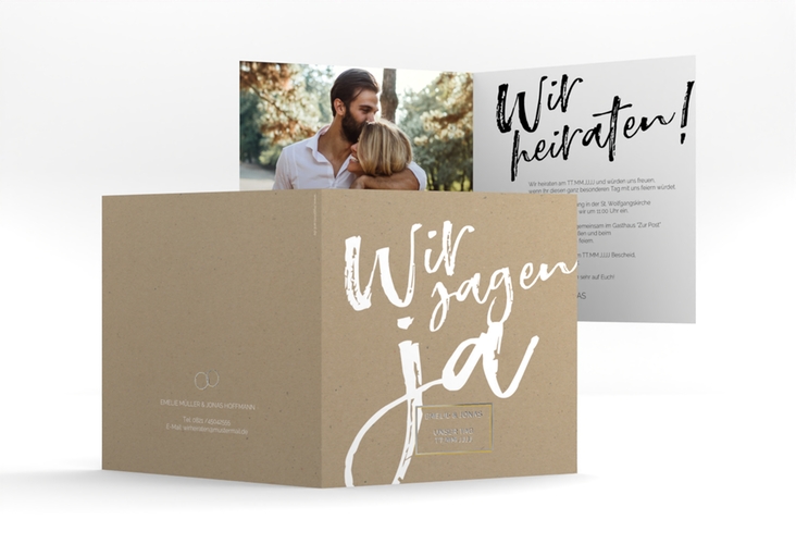 Hochzeitseinladung Words quadr. Klappkarte Kraftpapier silber modern mit Brush-Schrift