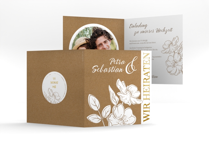 Hochzeitseinladung Windflower quadr. Klappkarte Kraftpapier gold mit Wildrosen