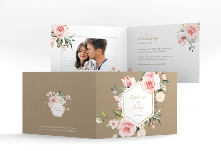 Einladung Hochzeit Graceful A6 Klappkarte quer Kraftpapier gold mit Rosenblüten in Rosa und Weiß