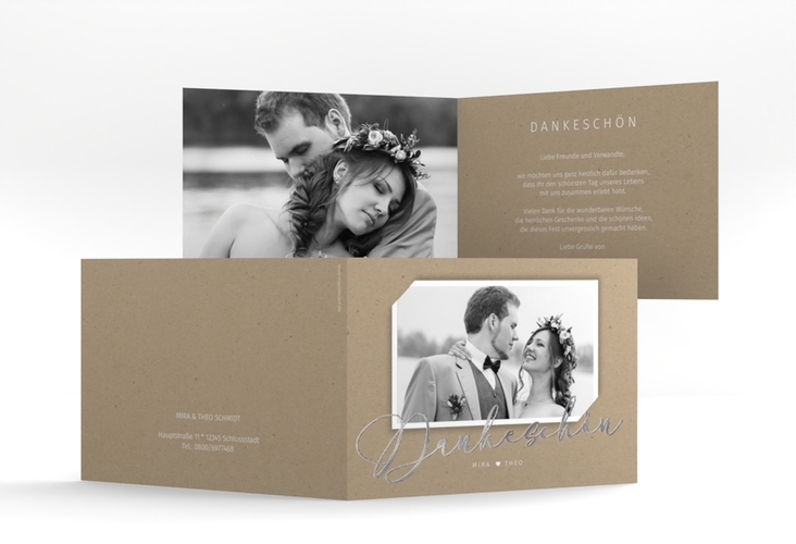 Danksagungskarte Hochzeit Crafty A6 Klappkarte quer Kraftpapier silber