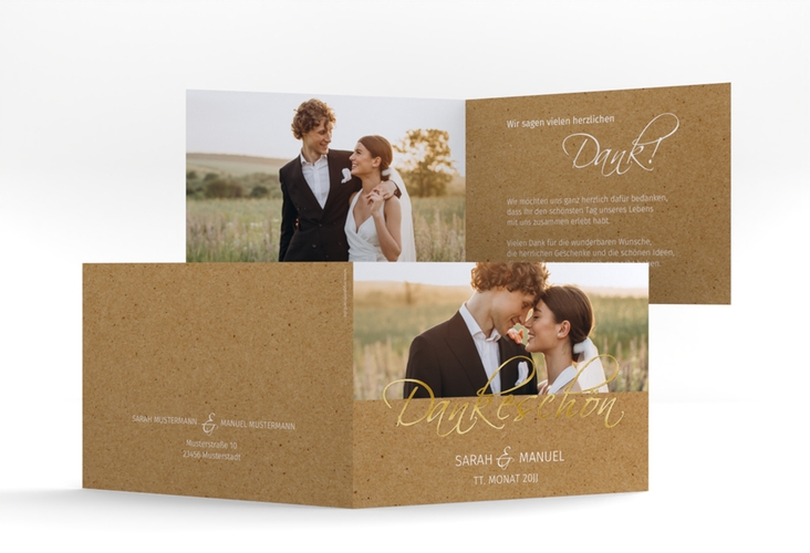 Dankeskarte Hochzeit Big Picture A6 Klappkarte quer Kraftpapier gold mit Foto des Brautpaars