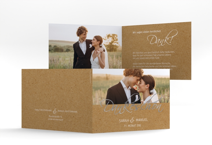 Dankeskarte Hochzeit Big Picture A6 Klappkarte quer Kraftpapier silber mit Foto des Brautpaars