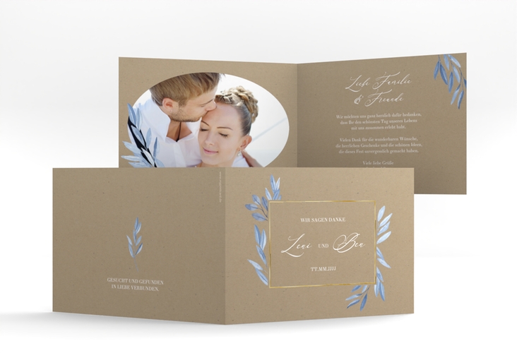 Danksagungskarte Hochzeit Classicblue A6 Klappkarte quer Kraftpapier gold