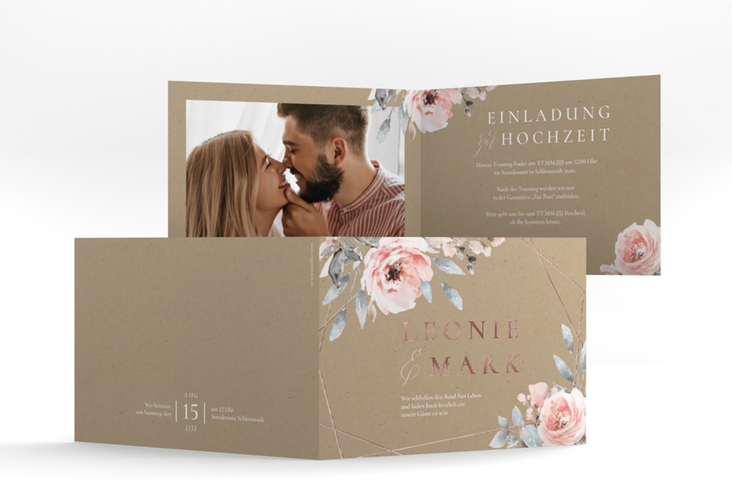 Hochzeitseinladung Perfection A6 Klappkarte quer Kraftpapier rosegold mit rosa Rosen