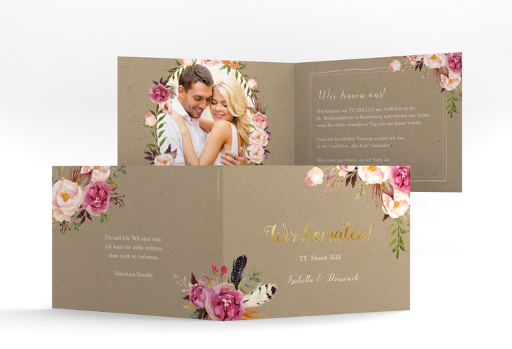 Hochzeitseinladung Flowers A6 Klappkarte quer Kraftpapier gold mit bunten Aquarell-Blumen