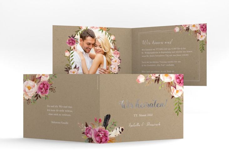 Hochzeitseinladung Flowers A6 Klappkarte quer Kraftpapier silber mit bunten Aquarell-Blumen