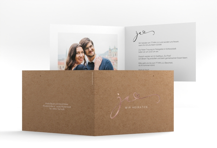 Hochzeitseinladung Jawort A6 Klappkarte quer Kraftpapier rosegold modern minimalistisch mit veredelter Aufschrift