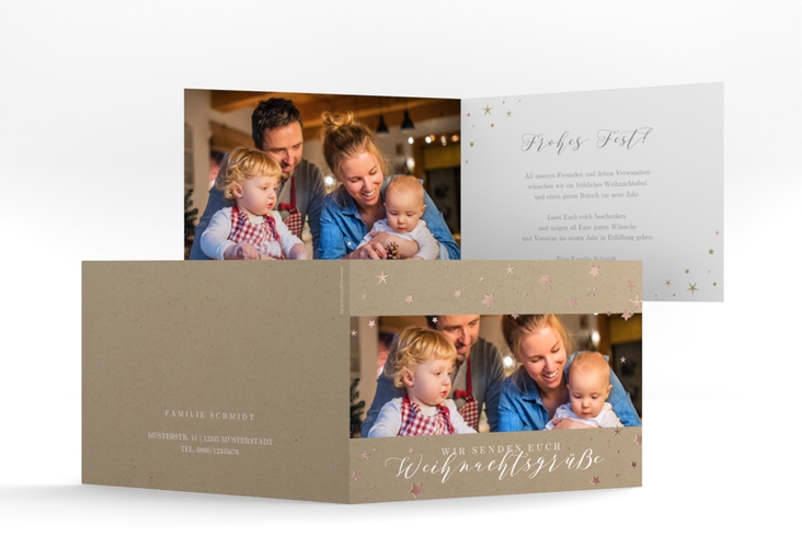 Weihnachtskarte Sternennacht A6 Klappkarte quer Kraftpapier rosegold mit Sternchen und Familienfoto