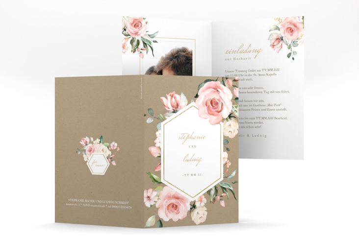 Einladungskarte Hochzeit Graceful A6 Klappkarte hoch Kraftpapier gold mit Rosenblüten in Rosa und Weiß