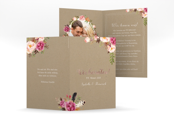 Einladungskarte Hochzeit Flowers A6 Klappkarte hoch Kraftpapier rosegold mit bunten Aquarell-Blumen