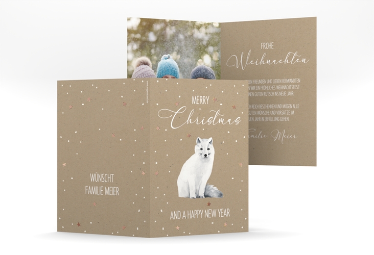 Weihnachtskarte Winterwunderland A6 Klappkarte hoch Kraftpapier rosegold mit Polarfuchs und Kraftpapier-Optik