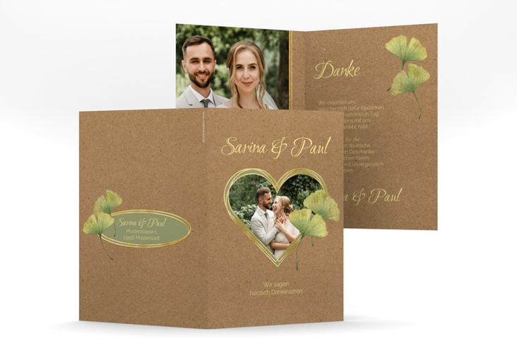 Danksagungskarte Hochzeit Ginko A6 Klappkarte hoch Kraftpapier gold mit Herz und zwei Ginkgo-Blättern