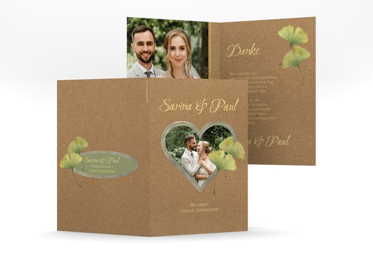 Danksagungskarte Hochzeit Ginko A6 Klappkarte hoch Kraftpapier silber mit Herz und zwei Ginkgo-Blättern