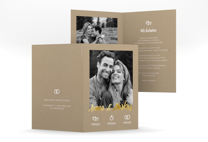 Einladungskarte Hochzeit Icons A6 Klappkarte hoch Kraftpapier gold im Kraftpapier-Look mit Foto