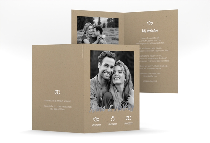 Einladungskarte Hochzeit Icons A6 Klappkarte hoch Kraftpapier silber im Kraftpapier-Look mit Foto