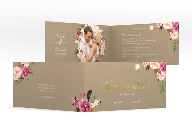 Hochzeitseinladung Flowers lange Klappkarte quer Kraftpapier gold mit bunten Aquarell-Blumen