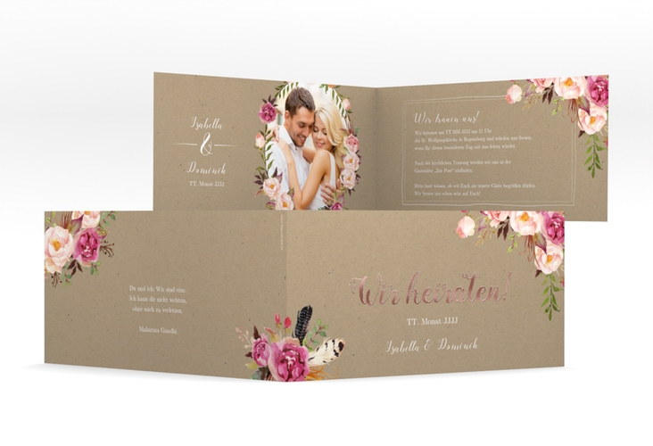 Hochzeitseinladung Flowers lange Klappkarte quer Kraftpapier rosegold mit bunten Aquarell-Blumen