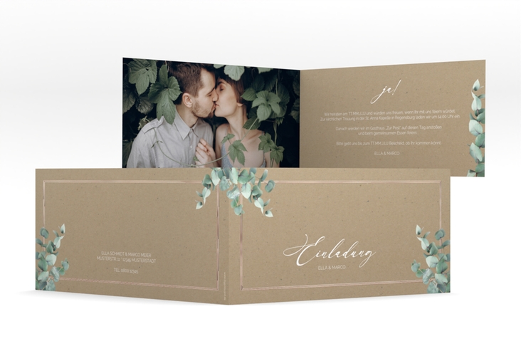 Hochzeitseinladung Eucalypt lange Klappkarte quer Kraftpapier rosegold mit Eukalyptus und edlem Rahmen