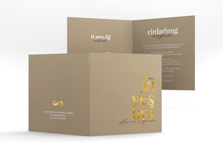 Hochzeitseinladung Oui quadr. Klappkarte Kraftpapier gold mit Ja-Wort in verschiedenen Sprachen