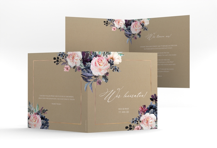 Hochzeitseinladung Abendlicht quadr. Klappkarte Kraftpapier rosegold