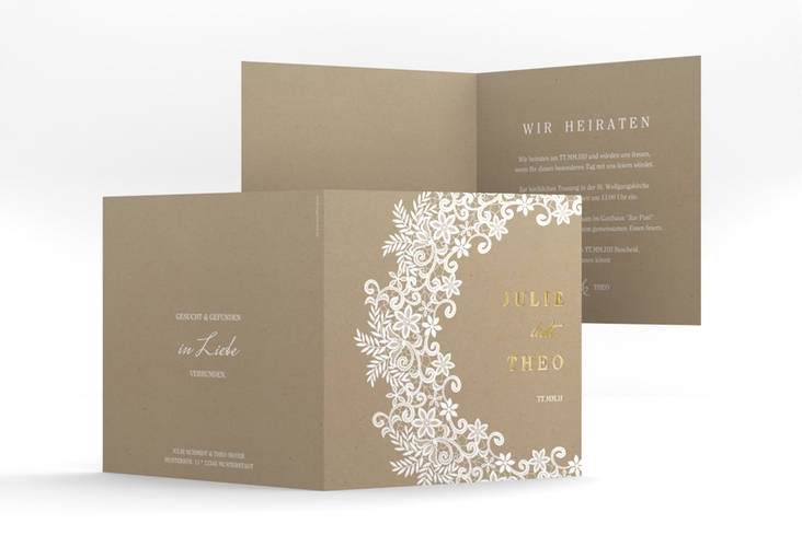 Hochzeitseinladung Mariage quadr. Klappkarte Kraftpapier gold mit Bogen aus weißer Spitze