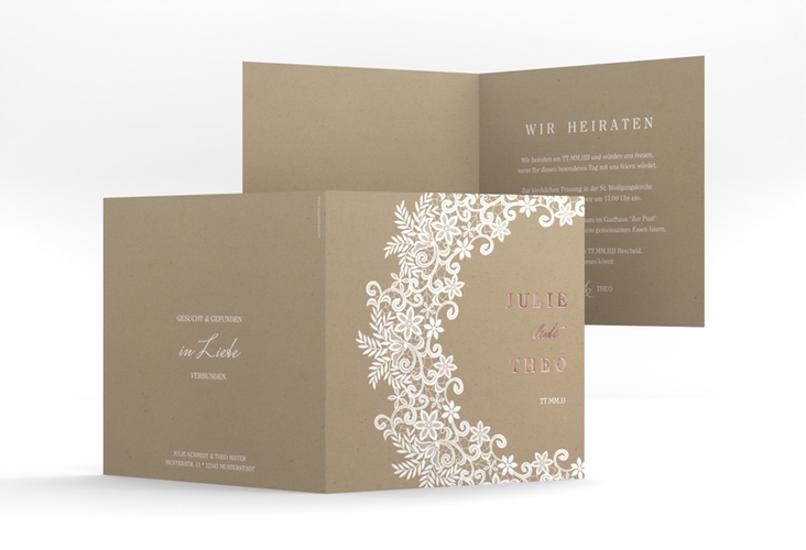 Hochzeitseinladung Mariage quadr. Klappkarte Kraftpapier rosegold mit Bogen aus weißer Spitze