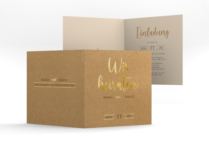 Hochzeitseinladung Noble quadr. Klappkarte Kraftpapier gold mit elegantem Schriftzug