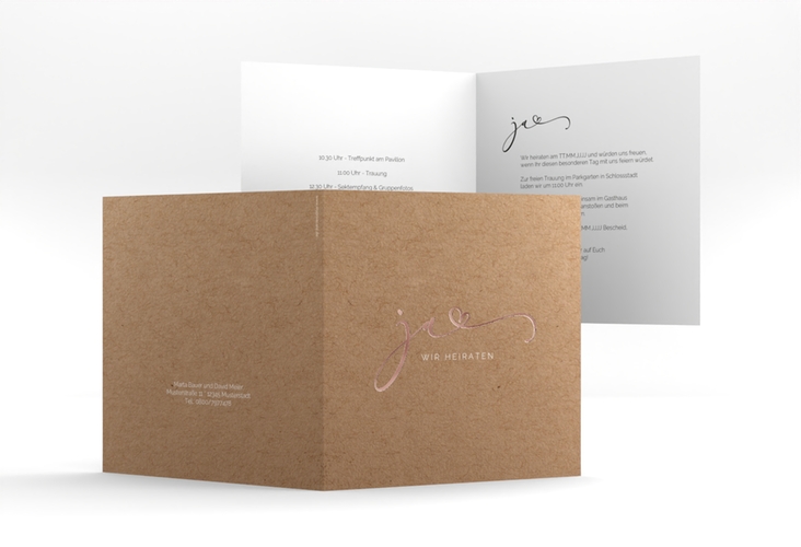 Hochzeitseinladung Jawort quadr. Klappkarte Kraftpapier rosegold modern minimalistisch mit veredelter Aufschrift