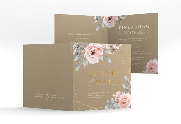 Hochzeitseinladung Perfection quadr. Klappkarte Kraftpapier gold mit rosa Rosen