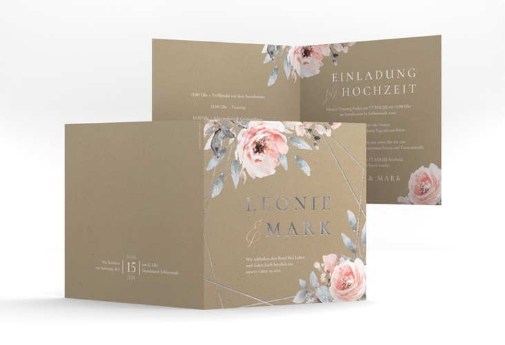 Hochzeitseinladung Perfection quadr. Klappkarte Kraftpapier silber mit rosa Rosen