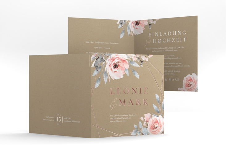 Hochzeitseinladung Perfection quadr. Klappkarte Kraftpapier rosegold mit rosa Rosen