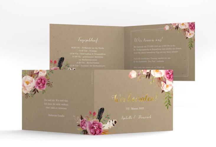 Hochzeitseinladung Flowers A6 Klappkarte quer Kraftpapier gold mit bunten Aquarell-Blumen