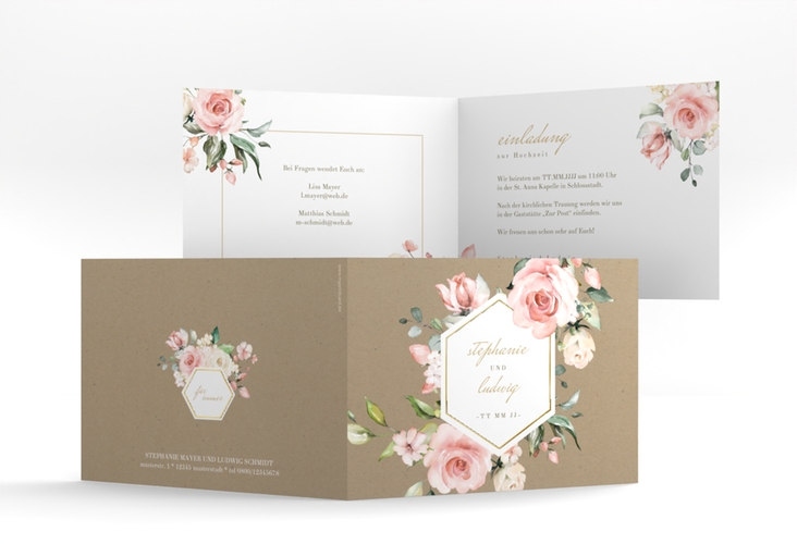 Einladung Hochzeit Graceful A6 Klappkarte quer Kraftpapier gold mit Rosenblüten in Rosa und Weiß